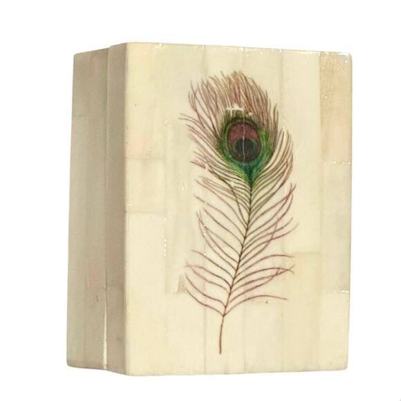 World Market Ivory Mosaic Trinket Box with Peacock Feather Design - Picture 1 of 3